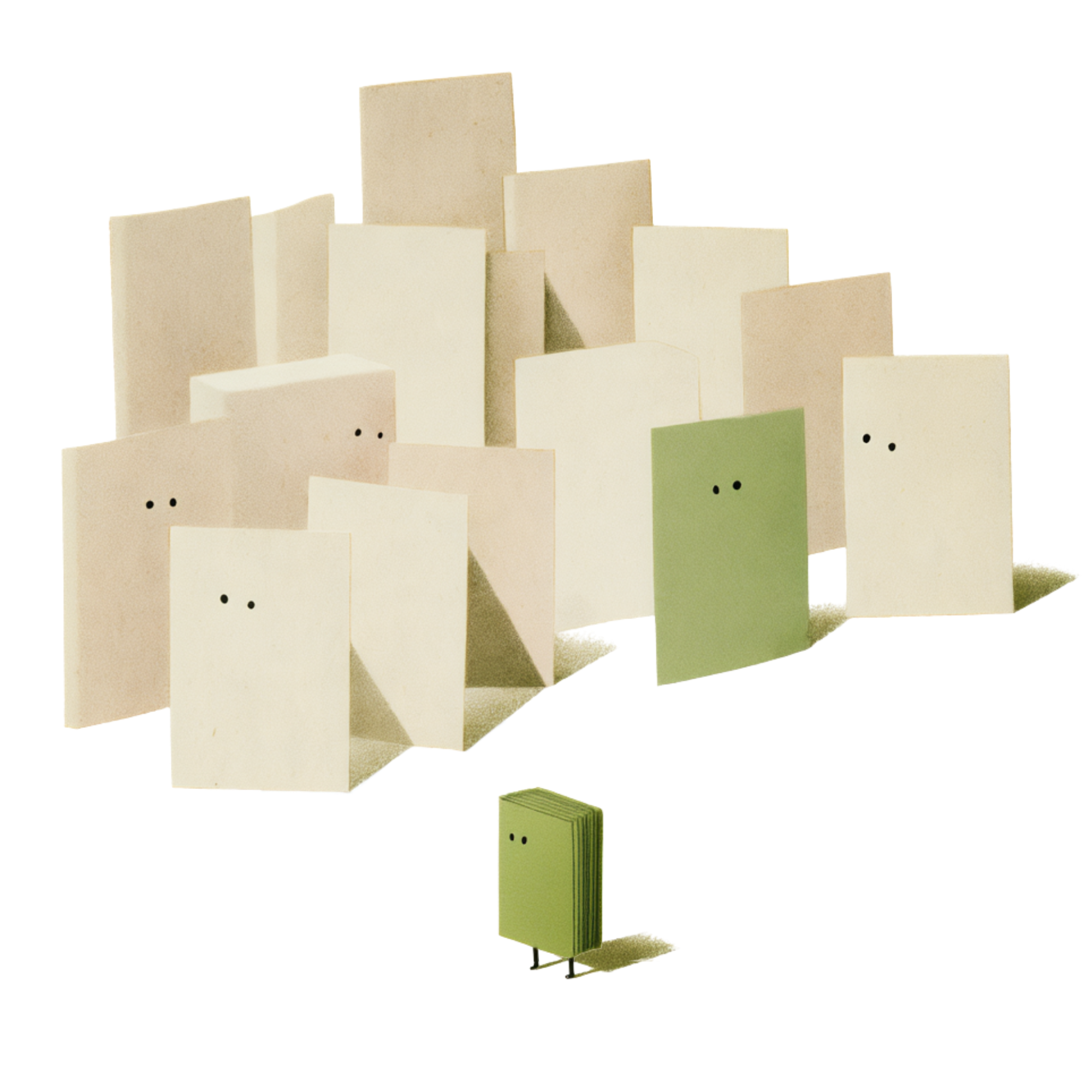 Illustration af stående papirark og bøger med små sorte øjne, og en lille grøn bogfigur med ben i forgrunden